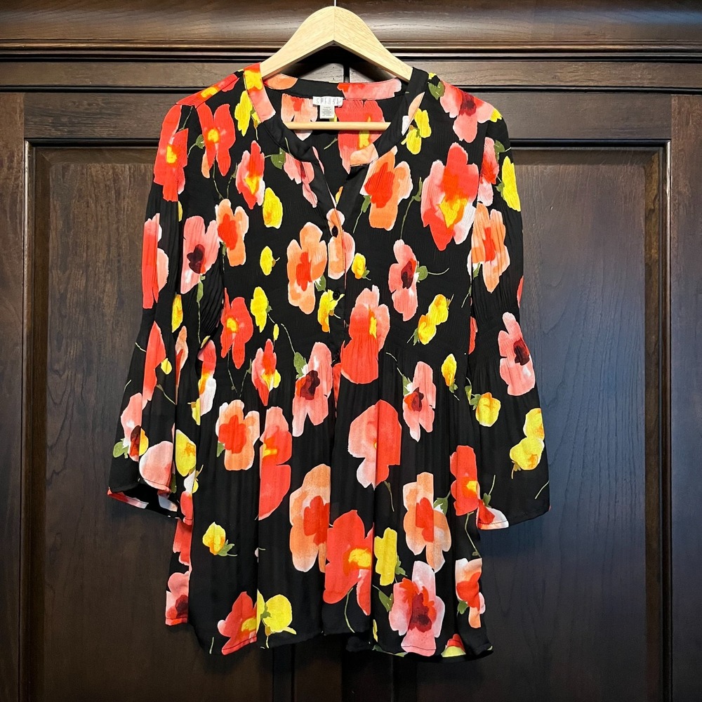 Spense Colorful Smocked Flowy Floral Blouse Size L Tropical Vacation Bell Sleeve